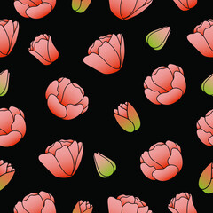 Simple vector pattern with tulips on black background. Perfect for wrapping paper and textile.