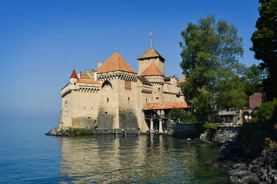 Montreux, Switzerland- August 24, 2019. Chillon Castle on Leman (Geneva) lakeshore, Montreux Riviera, Switzerland.