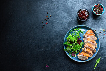 duck breast grill fried and mix salad leaves portion barbecue roasted meat poultry on the table meal snack outdoor top view copy space for text food background rustic image 