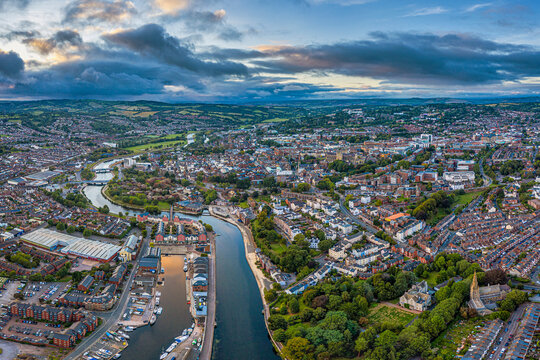Aerial view over Exeter city centre and the River Exe, Exeter, Devon