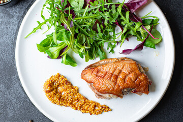 duck breast grill fried and mix salad leaves portion barbecue roasted meat poultry on the table meal snack outdoor top view copy space for text food background rustic image 