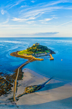 Aerial view over Saint Michael's Mount, Marazion, near Penzance, Cornwall