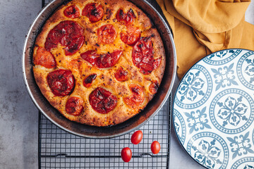 Delicious traditional focaccia bread from Bari, Puglia region