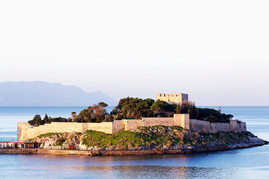 The Byzantine era fortress on Guvercin Ada (Pigeon Island), looking into the Aegean Sea, in the harbour of Kusadasi, Turkey Minor