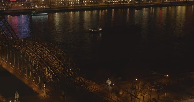Cologne at night, panorama, aerial view, Hohenzollernbr&uuml;cke, city centre, main station, river Rhine, boat, Jan 2020, K&ouml;ln bei Nacht, Luftbild, K&ouml;lner Dom, Innenstadt, Rhein, urban, UHD, 4K, BMPCC4K