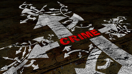 Crime text on a crossroad in different ways of arrows on grunge background
