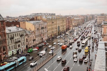 Saint-Petersburg, Russia - November, 2020 Panoramic view from the roof on Ligovsky Prospekt with traffic and Moskovsky train station. One of the main landscapes of Saint-Petersburg. The historical