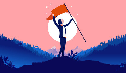 Successful woman winning - Businesswoman cheering on hilltop with flag in hand, celebrating victory and triumph. Vector illustration.