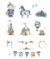 The brave cute little knight and the castle. Adventure collection. Hand drawn watercolor cartoon set for kid greeting card