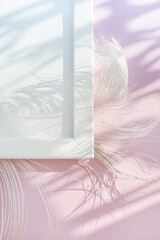 Detail of a white frame on an abstract pink table illuminated by the sun. The concept of minimalism and modernity.