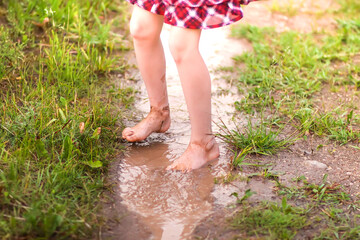 Barefoot girl walks through a puddles of water after the summer rain.