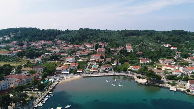 Aerial view of the beach at Lumbarda city, Korcula island, Croatia.