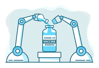Drug manufacturing bottling.Covid-19  vaccine industrial line production.Pharmaceutical factory laboratory.Produce medicine.Outline flat vector illustration.Coronavirus vaccine bottle.