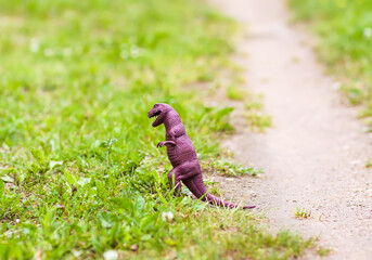Plastic dinosaur toy on green grass outdoors.
