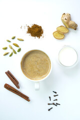 Flavoured tea chai made by brewing black tea with aromatic spices and herbs. Top view
