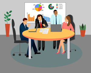 Fototapeta na wymiar Businessmen and a woman meet in an office interior, sit at a round table. Conference room, office interior design. Business conference room with people-managers working in a team. vector illustration