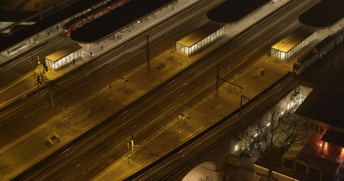 Cologne at night, aerial view, Deutz, Messe station, business district, platform, trains, industry, Jan 2020, K&ouml;ln bei Nacht, Luftbild, Messe, Stra&szlig;e, urban, UHD, 4K, BMPCC4K