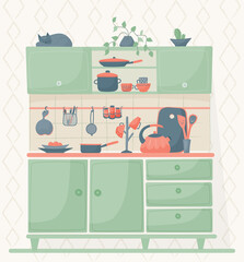 Kitchen furniture with a set of dishes, flower pots and a cat. Vector colorful illustration in cartoon style with texture.