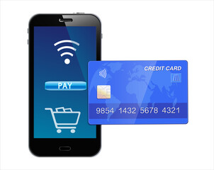 Einkauf mit Kredit Karte bezahlen per Smartphone,
Vektor Illustration isoliert auf weißem Hintergrund
