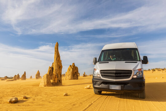 Australia, Oceania, Western Australia, Cervantes, Namburg National Park, Car on Pinnacles Desert 