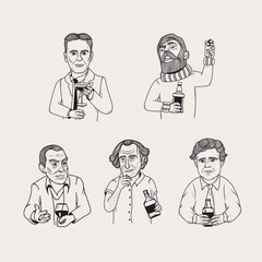 Vector stylized portrait of famous writers. Jack London, Francis Scott Fitzgerald, Ernest Hemingway,  Erich Maria Remarque, Charles Bukowski.