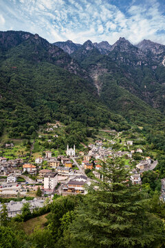 Townscape with Santuario Della Madonna di Loreto in Valchiavenna valley, Chiavenna, Province of Sondrio, Lombardy, Italy