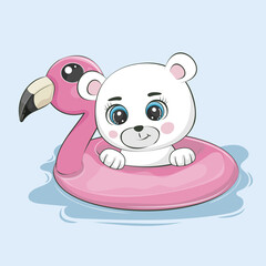 Cute cartoon Bear teddy swimming on inflatable flamingo.