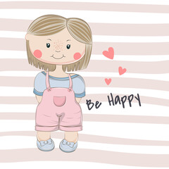 Cute cartoon little Girl. Be happy character flat style.