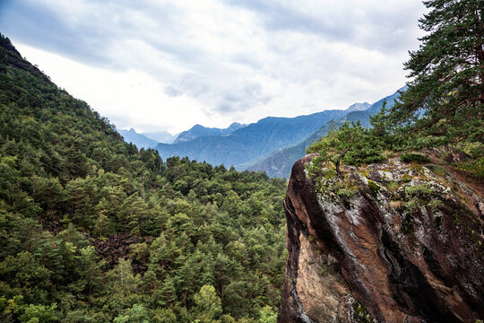 Mountainous landscape at Parco delle Marmitte dei Giganti, Valchiavenna, Chiavenna, Province of Sondrio, Lombardy, Italy