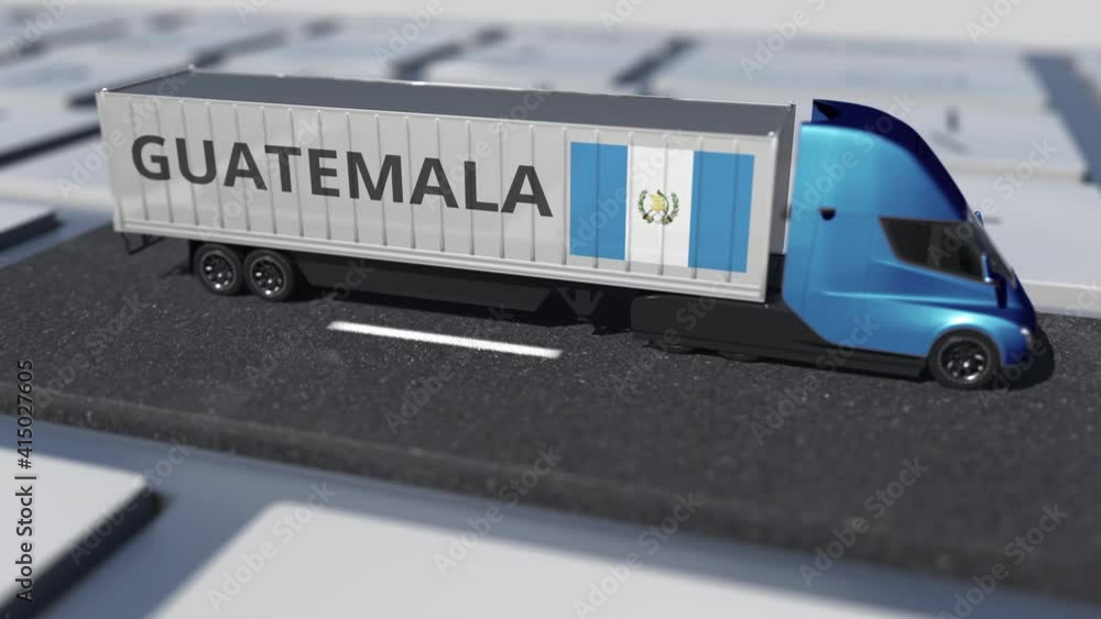 Poster flag of guatemala on moving truck and computer keyboard. international shipping related looping 3d a