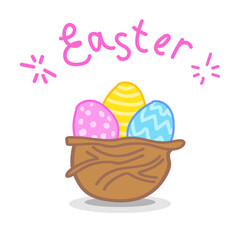 Easter eggs in the nest. Hand drawn text. Vector isolated.