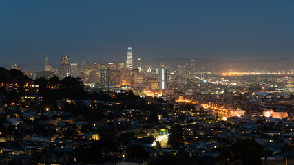Hazy San Francisco downtown cityscape at night, California, USA