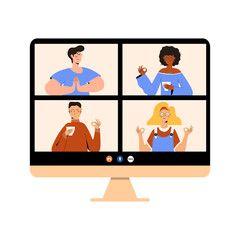 Meditate together online training. Meditating men and women on online course meditate on computer screen. Distance, remote yoga, relax, mindfulness, breathing training. Online meditation class