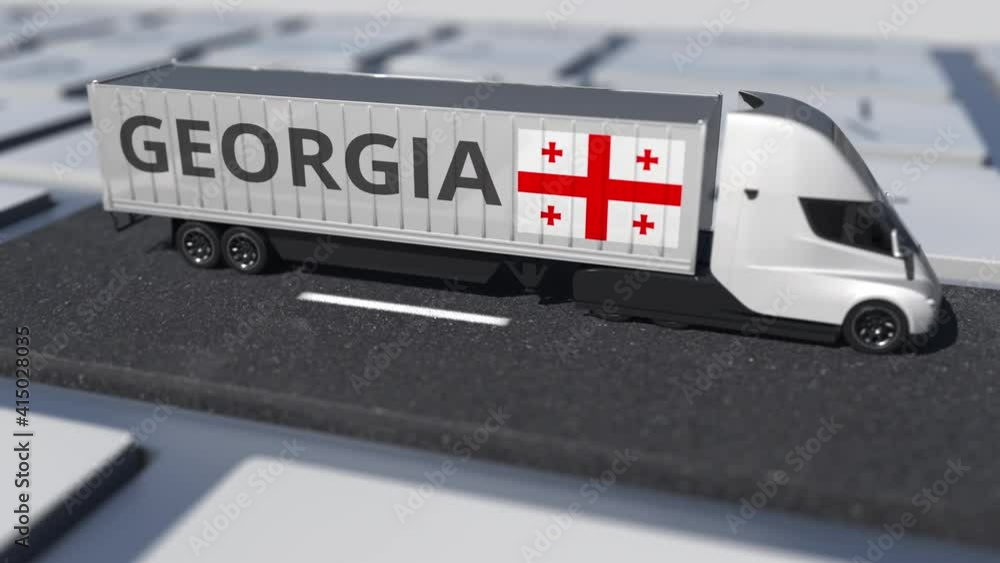 Poster truck with flag of georgia moves on the keyboard key. export or import related looping 3d animation