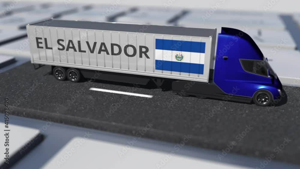 Poster truck with flag of el salvador moves on the keyboard key. export or import related looping 3d animat