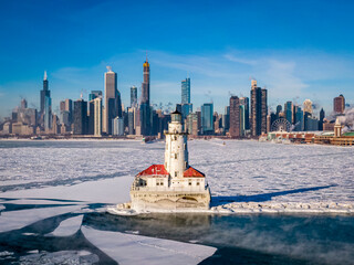 Frozen Chicago Skyline from Drone