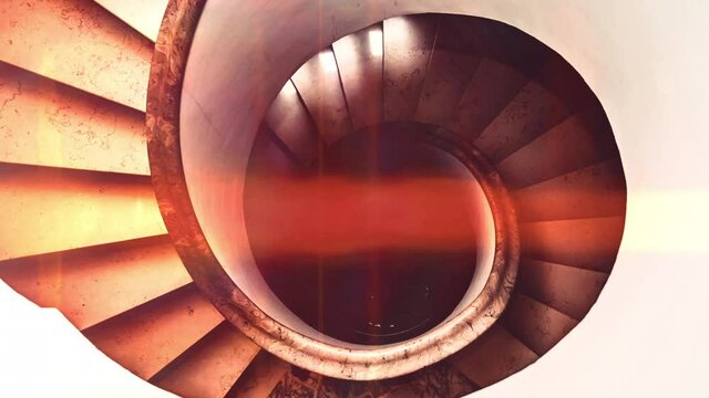 High angle view of spiral staircase rotating concept of vertigo and balance, flare light effect