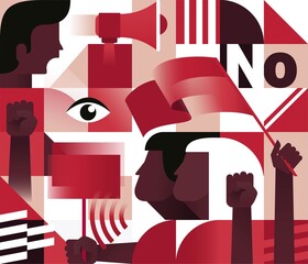 Geometric Seamless Pattern with  Protesters People. Revolution, Conflict or Protest Concept. Anti-racism message. Stop racism. Vector illustration