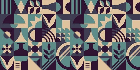 Abstract Seamless Pattern with Geometric Shapes and Home Decor Elements. Vector illustration