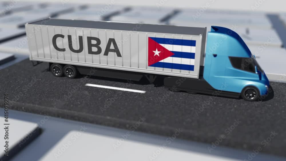 Aufkleber truck with flag of cuba moves on the keyboard key. export or import related looping 3d animation