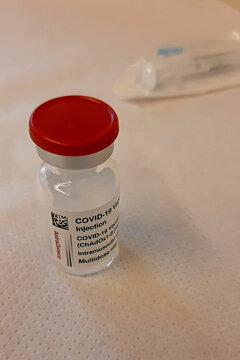 Astra Zeneca's Covid 19 Vaccine In In Use In Hungary Since February 2021.  Covid 19 Vaccine And Syringe.