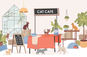 Cat cafe vector flat illustration. Cute adorable pet animals walking between flowers in pots indoor in restaurant, sitting at table. Pet cafe interior design with various cats. Small business concept.