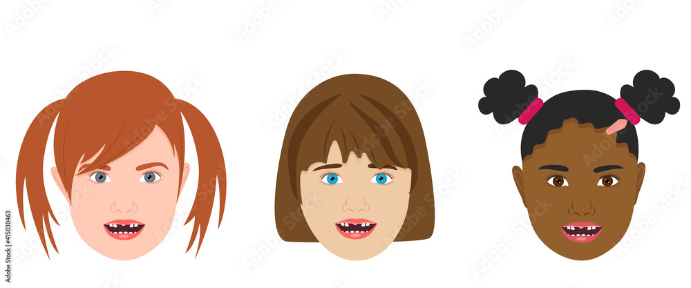 Wall mural toothless girls different nations, primary teeth. vector illustration.