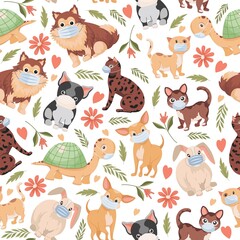 Domestic pets vector flat seamless pattern isolated on white background. Cute little dogs, cats, rabbits, and turtles in masks. Domestic animals, backdrop concept for veterinary clinic.