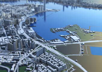 big city top view. illustration in casual graphic design. fragment hong kong 3d render