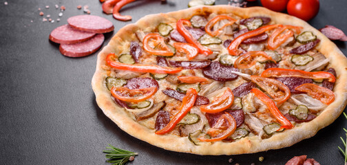 Fresh delicious pizza made in a hearth oven with sausage, pepper and tomatoes