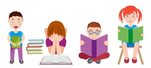 Little kids sitting and reading books. Vector illustration.