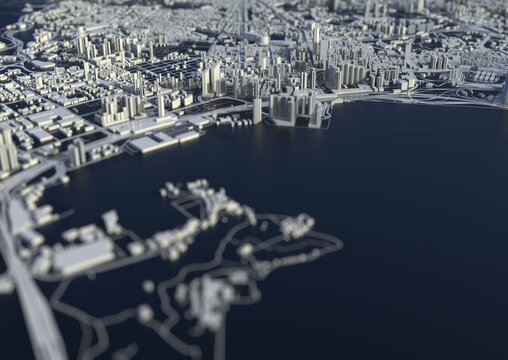 big city in the sea top view. illustration in casual graphic design. fragments of Singapore 3d render