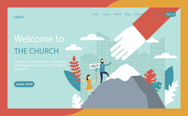 Webpage Vector Illustration In Flat Cartoon Style. Website Interface Composition With Blue Background, Text And Buttons. Characters Climbing Mountain For Help, Huge Hand. Church And Religion Concept