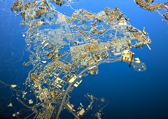 big golden city. illustration in casual graphic design. fragment of hong kong 3d render